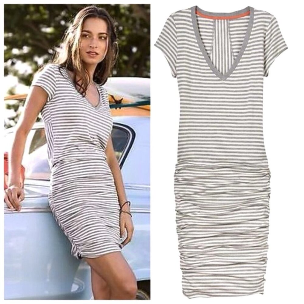 Athleta Topanga Striped Ruched T Shirt Dress Sz XS Stretchy V Neck Gray/White